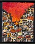 Triptych painting of a stylized cityscape with warm colors