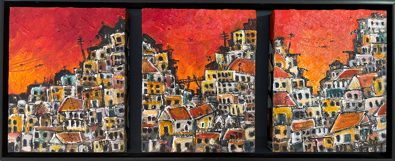 Triptych painting of a stylized cityscape with warm colors
